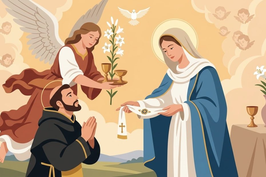 La Promesse du Scapulaire - la Vierge Marie tendant doucement deux petits carrés d'étoffe reliés par un cordon